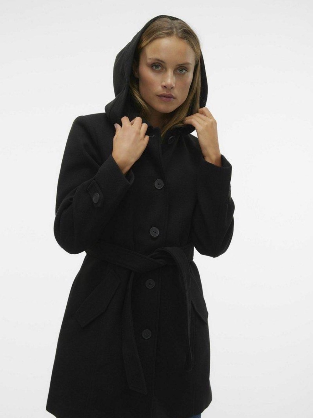 Vero Moda Black Hooded Fit & Flare Double Breasted Coat XS 34